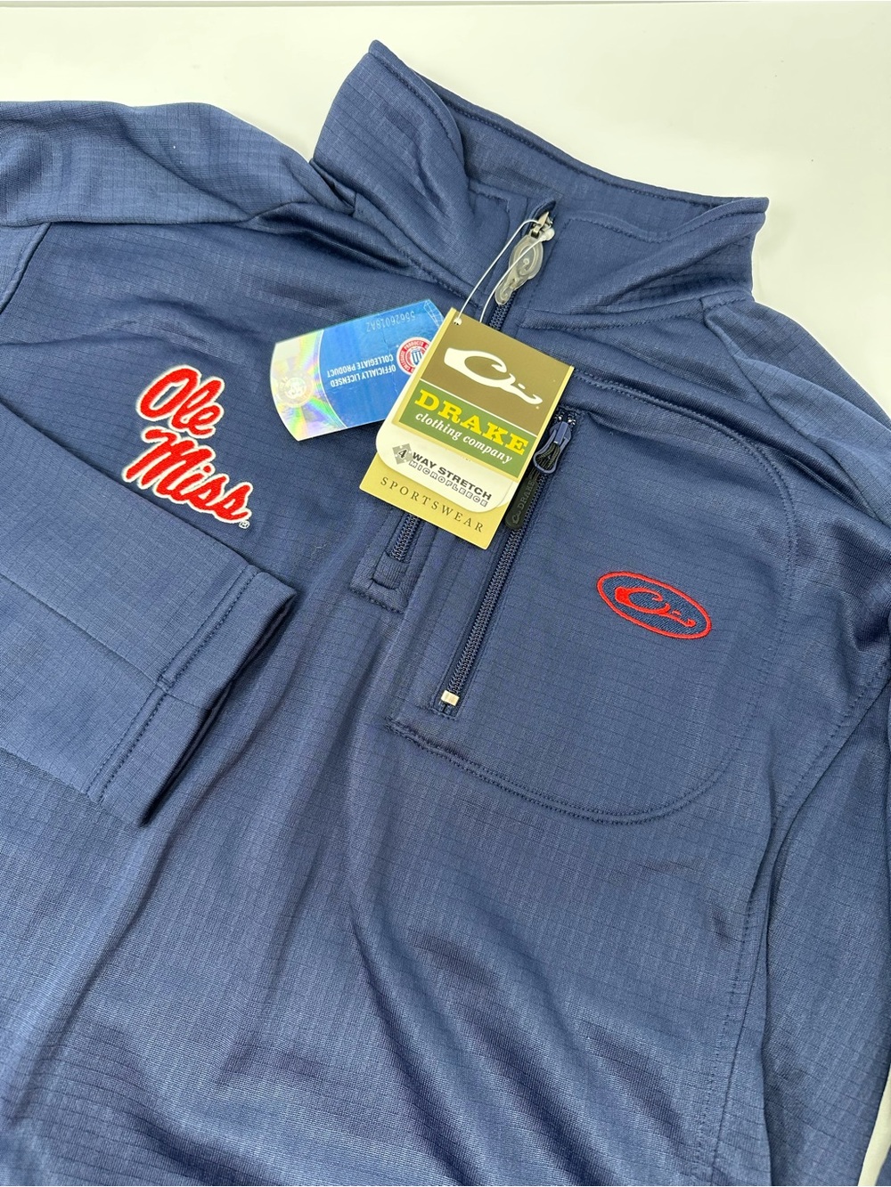 NWT! Drake Waterfowl Ole Miss Rebels Breathelite 1/4 Zip Pullover Navy‎ Small A7